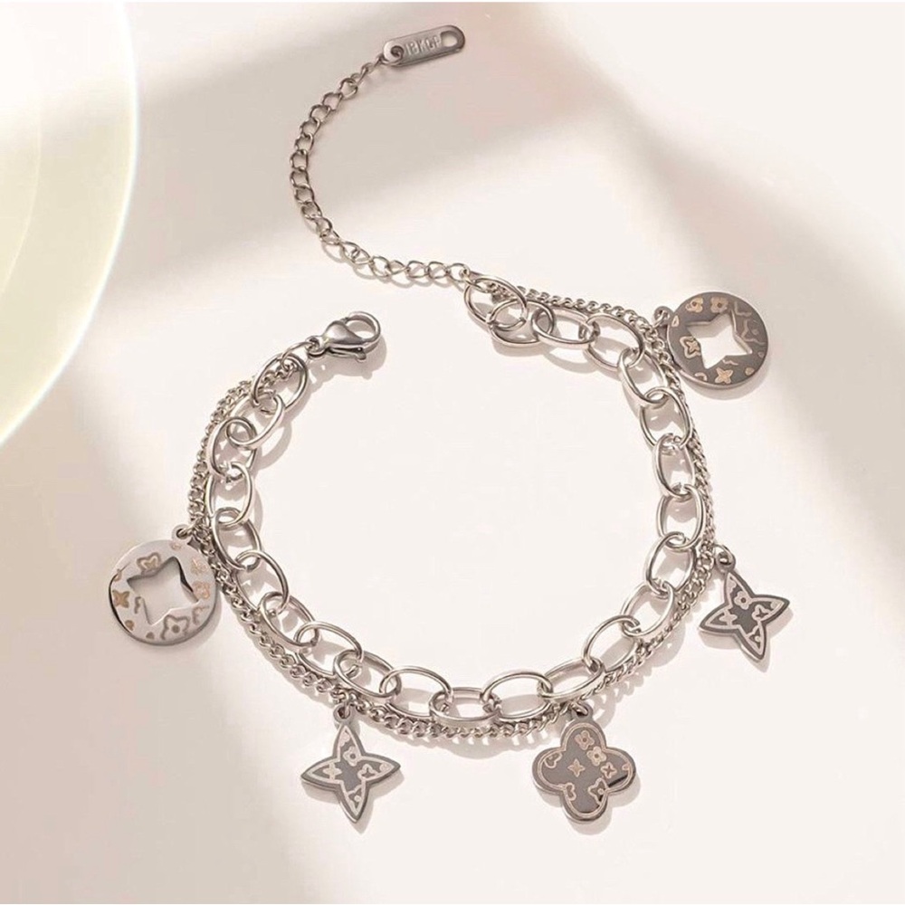 Rhodium Plated Four Leaf Clover Charms Bracelet -  Silver